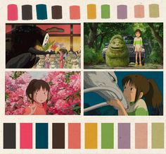 Lush color palette from the anime Spirited Awat anime miyazaki spiritedaway colorpallete Miyazaki Color Palette, Colour Palette For Character, Colour Palette Anime, Anime Color Schemes, Studio Ghibli Color Pallete, Studio Ghibli Colour Palette, Anime Character Color Palette, 90s Anime Color Palette, Studio Ghibli Color Palette