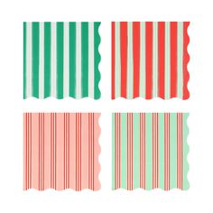 four different colors of paper with stripes on them, one green and the other red