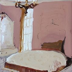 a painting of a bed in a pink room with a chandelier hanging from the ceiling