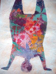 an abstract painting of a cat with flowers on it's body and tail, standing in front of a white background