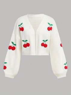 Teen Girls Cute Cherry Embroidered Cardigan Sweater For Fall & Winter White   Long Sleeve Knitwear Plants  Medium Stretch Fall/Winter Teen Girls Clothing, size features are:Bust: ,Length: ,Sleeve Length: Sweaters For Teens, Cute Winter Sweaters, Cute Sweaters For Fall, Teen Sweater, Áo Len Cardigan, Cute Cardigans, Future Outfit, Girls Cardigan, Embroidered Cardigan