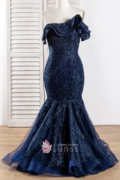 asymmetrical ruffled neckline navy mermaid formal dress Formal Mermaid Silhouette Evening Dress For Prom, Tulle Mermaid Prom Dress, Tulle Mermaid Dress For Prom Evening, Tulle Mermaid Evening Dress For Prom, Prom Tulle Mermaid Dress, Tulle Mermaid Dress For Prom, Tulle Mermaid Hem Evening Dress For Prom, Prom Tulle Mermaid Hem Evening Dress, Tulle Mermaid Dress For Prom Season Evening