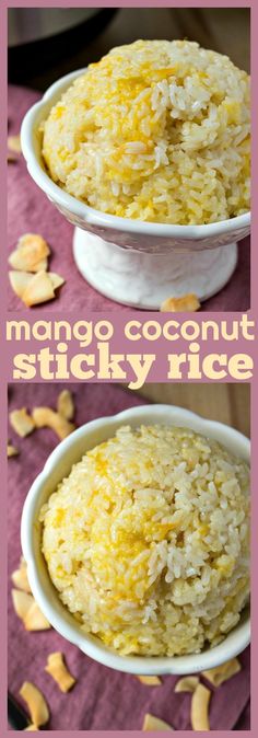 mango coconut sticky rice in a white bowl on a pink tablecloth with text overlay