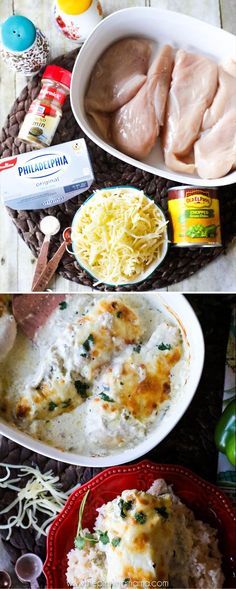 two pictures show different types of food on plates and in bowls, one with chicken