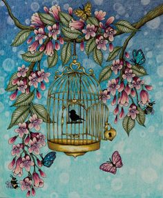 a painting of a bird in a cage with pink flowers and butterflies around it on a blue background