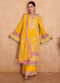 Yellow Multi Embroidered Wedding Palazzo Suit Palazzo Suit, Embroidered Wedding, Salwar Kameez Designs, Pattern Ideas, Stunning Outfits, Clothing Websites, Designer Dresses Indian, Dresses To Wear To A Wedding, Embroidery Work