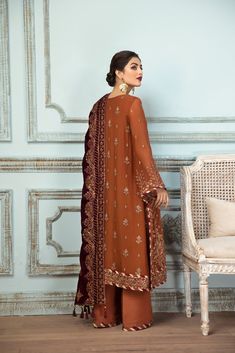 Pakistani Dress Rust Colour Dress Pakistani, Pakistani Kameez, Long Kameez, Beautiful Frocks, Frock Style, Fine Embroidery, Brown Shade, Embroidered Chiffon, Pakistani Dress