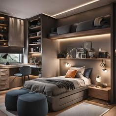 a modern bedroom with built in shelving and lighting