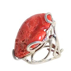 Italian Coral Cocktail Ring. Metal: Sterling Silver Stones: Coral Color: Red, Silver Dimensions: 30mm X 33mm Size: Adjustable (5-7.5) Elegant Handmade Red Rings, Luxury Coral Jewelry For Gift, Luxury Coral Jewelry For Gifts, Modern Red Ring Jewelry, Unique Red Hallmarked Rings, Red Cabochon Ring In Fine Jewelry Style, Unique Red Rings With Polished Finish, Unique Red Ring With Polished Finish, Modern Red Open Ring