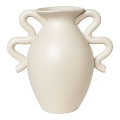 a white vase with an unusual design on the top and bottom, sitting in front of a white background