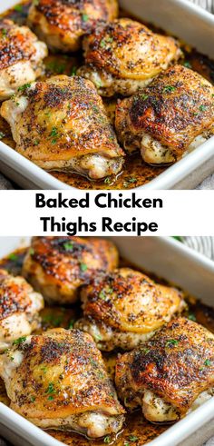 baked chicken thighs in a white casserole dish