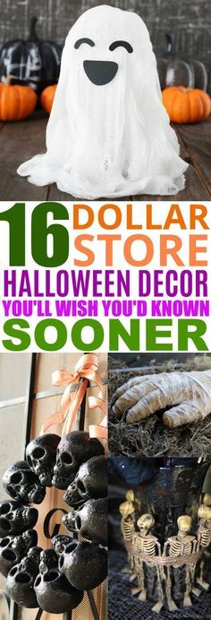 an assortment of halloween decorations with text overlay that reads 16 dollar store halloween decor you'll want to decorate soon