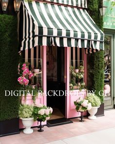 pink and black striped awning on the front of a flower shop with potted flowers