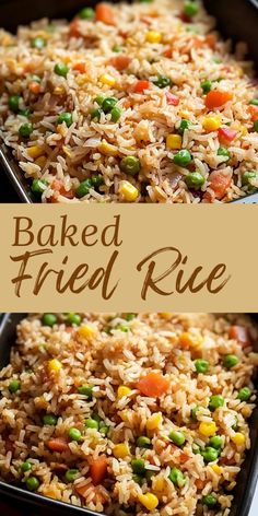 baked fried rice with peas and carrots in a pan