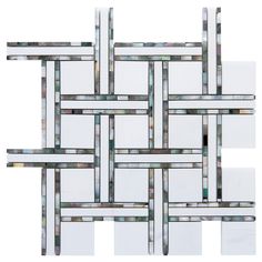 an abstract mosaic tile design in white and green tones, with squares arranged on each side