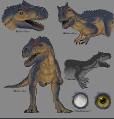 three different types of dinosaurs with their mouths open