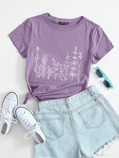 Lilac Purple Casual Collar Short Sleeve Fabric Animal,Plants  Embellished Medium Stretch Summer Women Clothing Purple Summer Outfits, Lilac Clothes, Summer Plant, Positive Tees, Cute Shirt Designs, Lazy Outfits, Scarf Dress