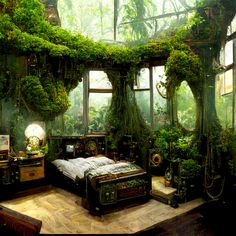 a bedroom with plants growing all over the walls