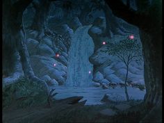 an animated scene with a waterfall and trees