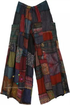 Deep Rock Patchwork Wide Leg Bohemian Pants | Brown | Split-Skirts-Pants, Patchwork, Striped Textiles Moodboard, Swag Fits, Silly Clothes, Patchwork Pants, Bohemian Pants, Hippie Clothes, Heart Clothes, Hippie Pants, Bohemian Aesthetic