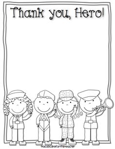 a thank card with three children and the words thank you, hero in black and white