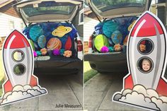 two pictures of a child's face in the back of a rocket ship car