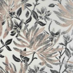 an abstract floral pattern with leaves and flowers on a white background in shades of grey, pink and gold