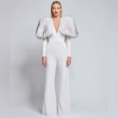 Stretch Jersey Jumpsuit With Stitched Satin Panelling, Shoulder Accents And Fur Cape That Removes By Zip. White Long Sleeve Jumpsuits And Rompers For Evening, White Long Sleeve Jumpsuits For Evening, Glamorous White Long Sleeve Jumpsuits And Rompers, Luxury White Fitted Pantsuit, 2 Piece Jumpsuit, Jersey Jumpsuit, Fur Cape, White Jumpsuit, White Color