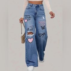 *Wide Leg. *High Waist. *Casual Style. *Zipper With Button. *Stamping Print. *86% Cotton, 8% Rayon, 6% Polyester. *Size L (8 - 10). *Measurements: -Hip 39.4" -Waist 31.1" New Without Tag!! Cod. Wm41 Cute Streetwear, Ripped Denim Pants, Blue Valentine, Jean Large, Loose Fit Jeans, Printed Jeans, Pantalon Large, Ripped Denim, Weekend Wear