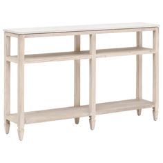 a white console table with two shelves