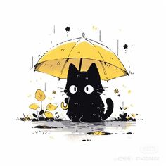 a black cat sitting in the rain under an umbrella with yellow flowers on it's side