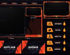 an orange and black web design with flames