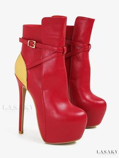 Lasaky - Womens Elegant Red Platform Stiletto Heel Booties with Round Toe Red High Heels With Buckle Closure, Red Heels With Buckle Closure And Round Toe, Red Round Toe Heels With Buckle Closure, Red Platform Heeled Boots For Party, Red Platform Heels Ankle-high, Red Ankle-high Platform Heels, Red Platform Ankle-high Heels, Red Ankle Strap Heels For Fall, Red Round Toe Heeled Boots For Party