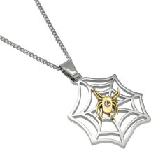 Make a creepy-crawly statement with this mesmerizing Stainless Steel Spider with Cubic Zironia accent Web Pendant Necklace. A striking gold ion plated stainless steel spider, adorned with a glistening clear crystal, rests upon a meticulously crafted polished stainless steel web. At 1 inch in size, this pendant is the perfect balance of bold and wearable. The included 18 inch chain features a 3 inch extender, ensuring a comfortable, customizable fit. More than just an accessory, this necklace is Gothic Gold Stainless Steel Jewelry, Spider Web Chain, Elegant Halloween Pendant Necklace, Web Necklace, Spider Web Chain Necklace, Spider Pendant, Steel Gifts, Family Engagement, Instagram Family