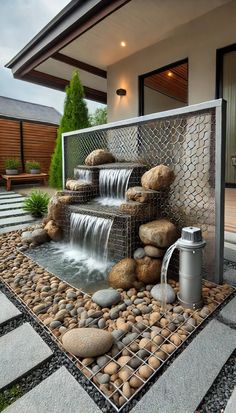 a small waterfall in the middle of a stone patio with rocks and gravel around it