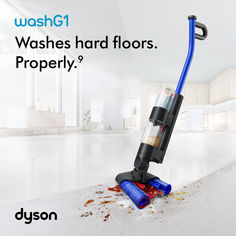 a blue and black vacuum with the words wash g1, washes hard floors properly