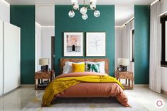 a bedroom with teal walls and orange bedding in the center, along with pictures on the wall