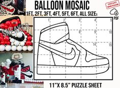 the balloon mosaic is designed to look like a pair of shoes and balloons are on display