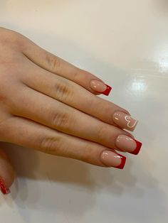 Christmas Nails Square French Tips, Dark Red French Tip Nails With Heart, Red And White French Tip Nails Square, Candy Cane French Tip Nails Square, Short Red French Tip Acrylic Nails, Red Nail With White French Tip, White French Tip Nails With Red Bow, Red French Tips With Design, Christmas Nails Red Square