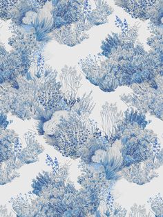 a blue and white wallpaper with many different types of plants on it's surface