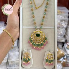 Gold Plated Kundan Long Necklace Bollywood Indian Bridal Wedding Jewelry Set | eBay Kundan Long Necklace, Mint Green And Pink, Wedding Jewelry Set, Bridal Elegance, Wedding Bridal Jewellery, Kundan Jewellery, Pink Beads, Green And Pink, Wedding Jewelry Sets