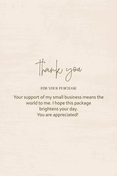 a thank card with the words, thank you for your purchase