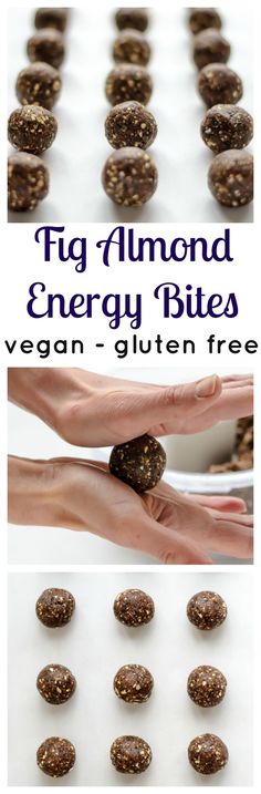 the process to make vegan almond energy bites is shown in three different pictures, including one