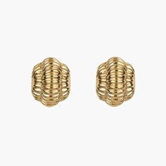 Introducing the Damaris Earring - Gold: a stunning pair of nickel-free ribbed dome studs. Crafted in 18K gold, these earrings showcase a rounded, shell-like design against a pristine white background. Tarnish Resistant Yellow Gold Metal Clip-on Earrings, Yellow Gold Tarnish Resistant Metal Clip-on Earrings, Modern 14k Gold Internally Threaded Earrings, Tarnish Resistant Gold-tone Brass Clip-on Earrings, Modern Yellow Gold Clip-on Earrings, Modern Gold Plated Tarnish Resistant Clip-on Earrings, Gold Internally Threaded Plug Earrings, Gold Plated Clip-on Plug Earrings, Gold-tone Clip-on Gold-plated Earrings