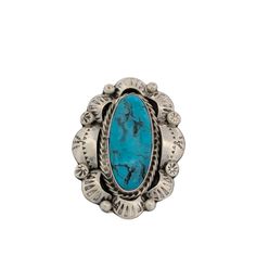 New Native American handmade sterling silver ring with large turquoise cabochon with applique accents by Navajo artist Kira Blanchard. Discover the artistry of Native American jewelry with this exquisite handmade sterling silver ring. Crafted by renowned Navajo artist Kira Blanchard, this piece features a large turquoise cabochon, adorned with intricate applique accents. The unique combination of materials and craftsmanship make it a truly special and one-of-a-kind accessory. Perfect for adding a touch of Southwestern elegance to your ensemble. ONE OF A KINDOur turquoise rings are made to show the world of color produced by these organic gemstones. Rob handicrafts each piece of jewelry through a process of fabrication that includes using up cycled metals! He also cuts the stone from rough Unique Turquoise Ring With Concho For Gift, Turquoise Concho Ring As Gift, Turquoise Concho Ring As A Gift, Turquoise Concho Ring For Gift, Handmade Western Turquoise Ring In Sterling Silver, Sterling Silver Turquoise Rings With Concho Detail, Western Style Turquoise Sterling Silver Ring, Silver Oval Turquoise Ring With Concho, Sterling Silver Turquoise Ring With Concho