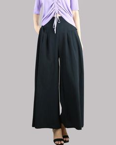 *A flowing design of skirt shaped pants for spring and fall.* Two pockets, they are big enough for Iphone and your hands.* Fixed front, elastic on back.* Material: 50% linen, 50% cottonCustom made to fit, lead time is 6-8 days;Let us know your usual size in your country and your overall height.If you have some specific request or special characters such as broad shoulder, long arms, long waist, etc you think we need pay attention to when making, do let me know.* Colors: 1. Black 2. Blue* Shop si Versatile Baggy Wide Leg Pants For Spring, Versatile Wide-leg Harem Pants For Spring, Spring Versatile Wide-leg Harem Pants, Black Linen Wide Leg Pants For Spring, Versatile Summer Harem Pants With Pockets, Versatile Harem Pants For Spring, Baggy Wide Leg Pants For Spring, Versatile Non-stretch Harem Pants For Spring, High-waisted Cotton Culottes For Summer