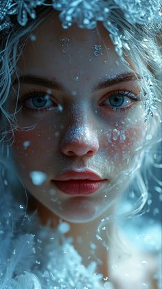 a woman with blue eyes and snow on her head is looking at the camera while she's covered in water droplets