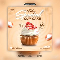 a flyer for a cupcake shop with white frosting and red sprinkles