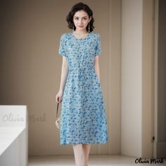 Olivia Mark - Cotton Chiffon Dress with Floral Print - Elegant Synthetic Fiber Dress for Outerwear 170 Pounds, 125 Pounds, Dress With Floral Print, Light Blue Color, Terry Cloth, Synthetic Fiber, A Line Skirt, Chiffon Dress, A Line Skirts