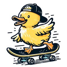 a rubber duck on a skateboard wearing a baseball cap and holding his paws out